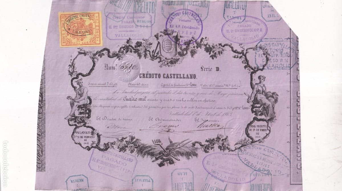 Billetes locales: CR&Eacute;DITO CASTELLANO. CUATRO MIL VEINTE Y CUATRO REALES DE VELL&Oacute;N. SERIE D. 1863. VALLADOLID. GIRO.
