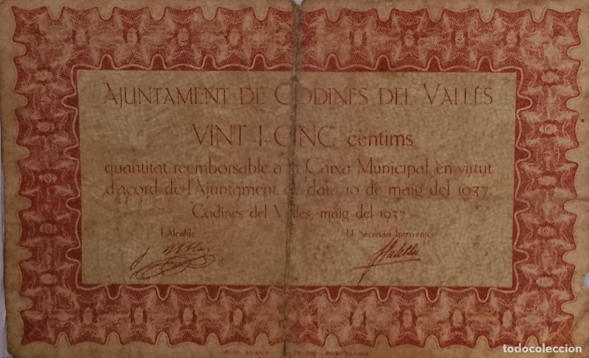 Billetes locales: BILLETE LOCAL DE 25 CENTIMOS CODINES DEL VALLES 1937 GUERRA CIVIL
