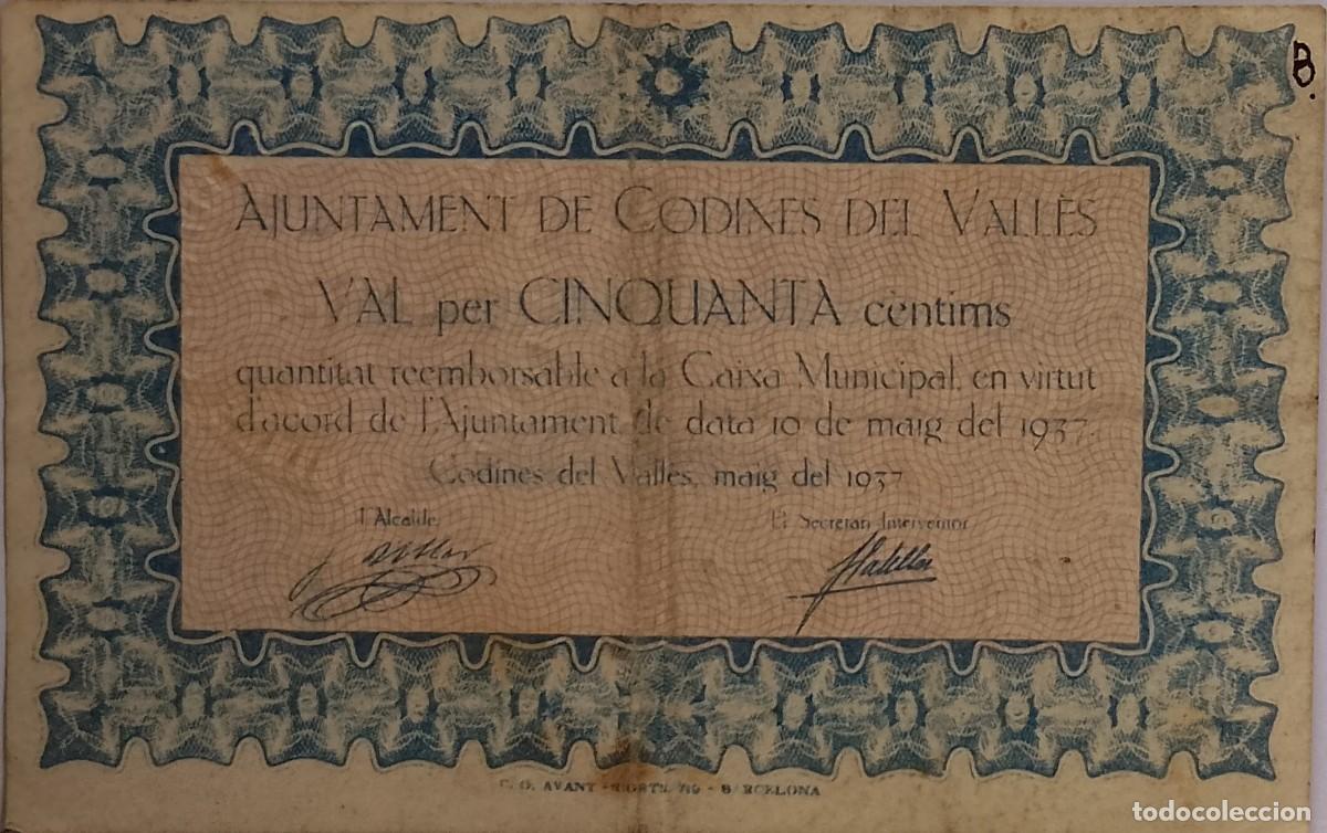 Billetes locales: BILLETE LOCAL DE 50 CENTIMOS CODINES DEL VALLES 1937 GUERRA CIVIL