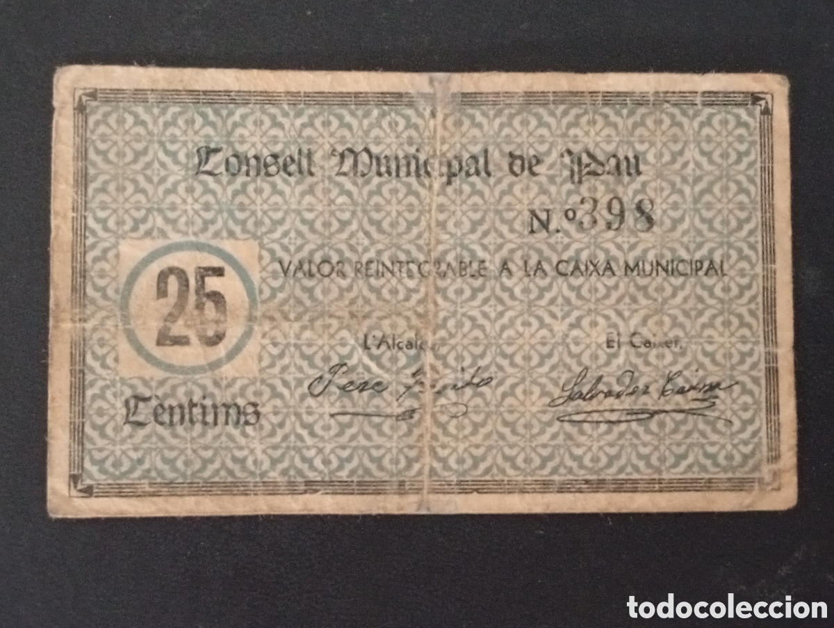 Billetes locales: Billete de 25 cents Pau Girona 1937 guerra civil