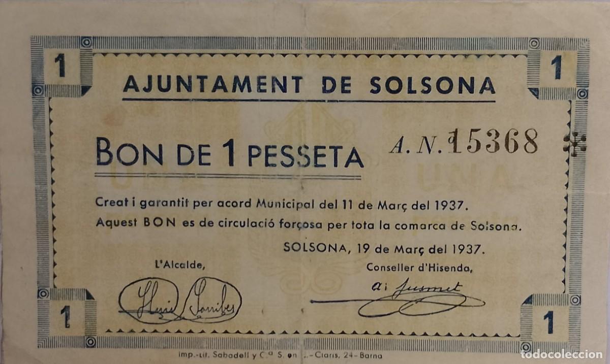 Billetes locales: BILLETE LOCAL DE 1 P&Egrave;SETA SOLSONA 1937 GUERRA CIVIL