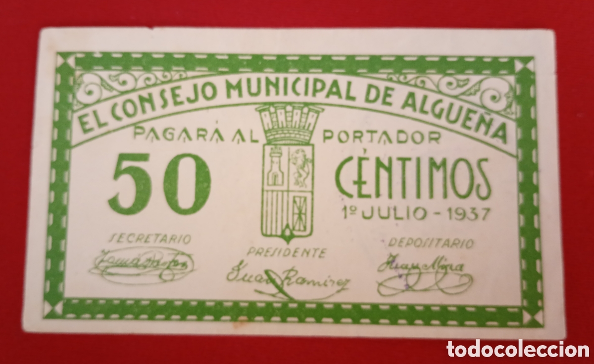 Billetes locales: ALGUE&Ntilde;A. ALICANTE. CONSEJO MUNICIPAL. 50 C&Eacute;NTIMOS. EBC+