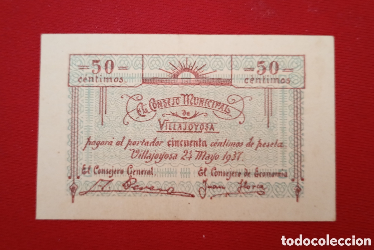 Billetes locales: VILLAJOYOSA. ALICANTE. CONSEJO MUNICIPAL, 50 CENTIMOS. SC