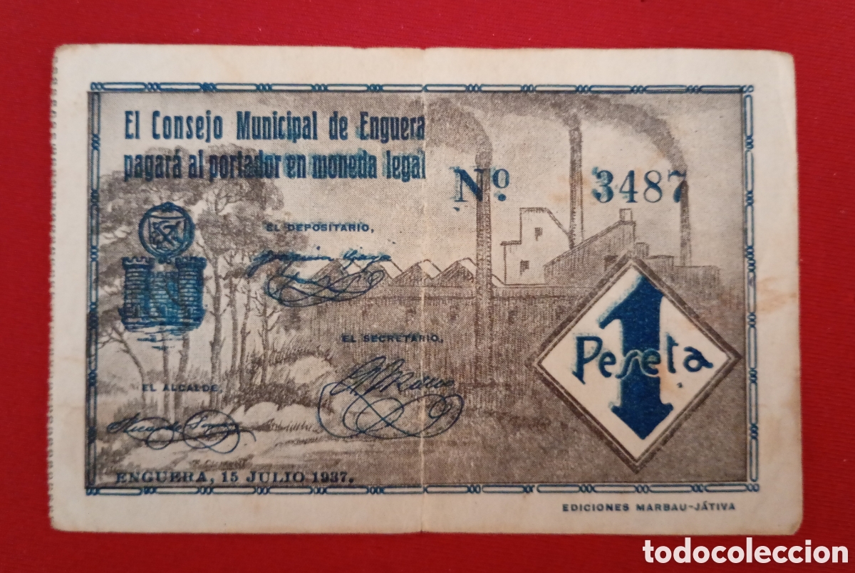 Billetes locales: ENGUERA, VALENCIA. CONSEJO MUNICIPAL 1 PESETA. BUEN ESTADO