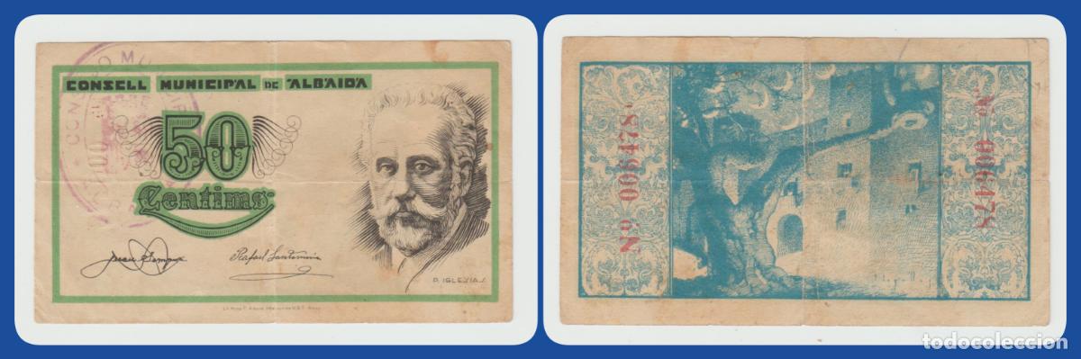 Billetes locales: Albaida (Valencia) - 50 Centimos - 2&ordf; Emision del 37 - Serie 006.478 - sello de imprenta