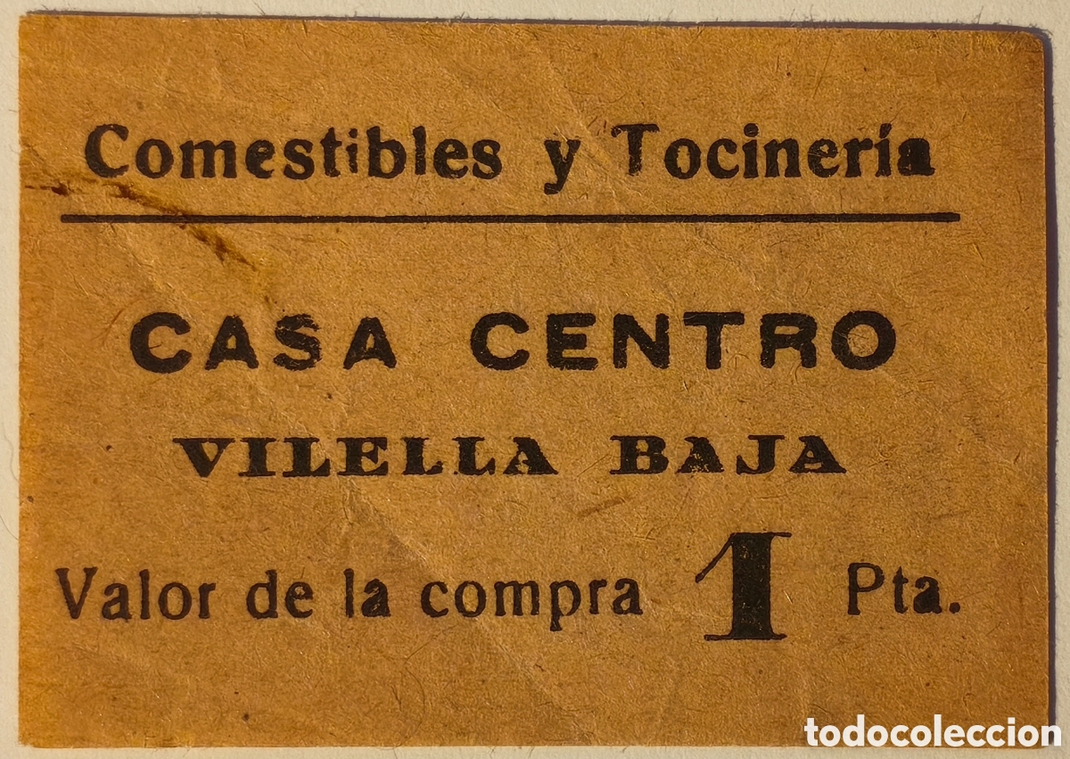 Billetes locales: AL NO CAT - Comestibles y Tocineria - Casa Centro - Vilella Baja - 1 peseta
