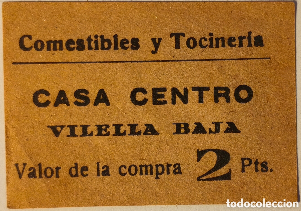 Billetes locales: AL NO CAT - Comestibles y Tocineria - Casa Centro - Vilella Baja - 2 pesetas