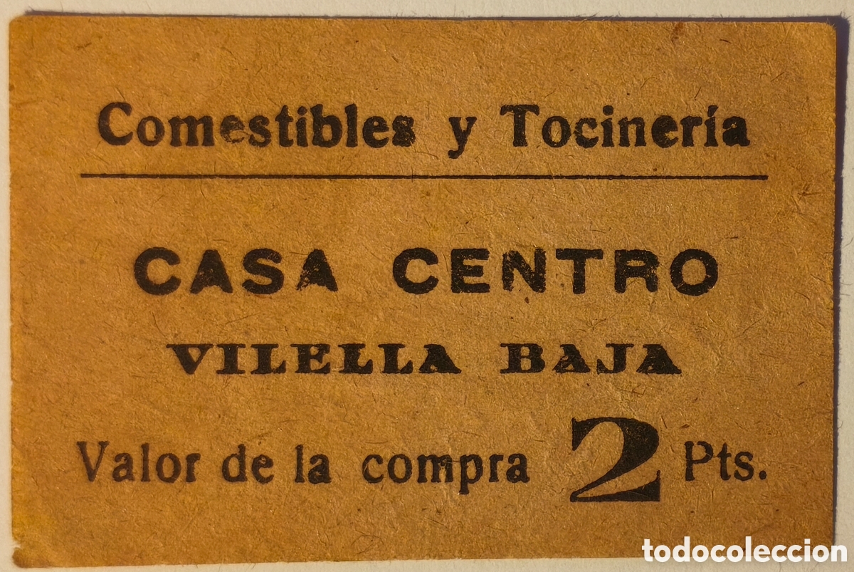 Billetes locales: AL NO CAT - Comestibles y Tocineria - Casa Centro - Vilella Baja - 2 pesetas