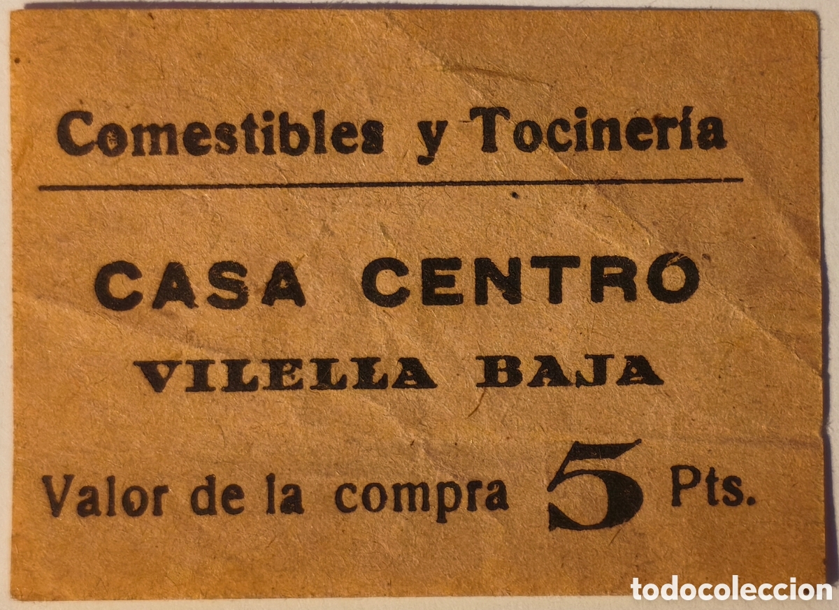 Billetes locales: AL NO CAT - Comestibles y Tocineria - Casa Centro - Vilella Baja - 5 pesetas