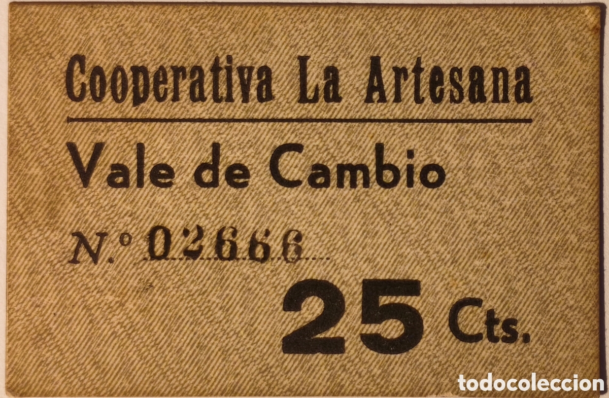 Billetes locales: AL1490 - Cooperativa - La Artesana - Barcelona - 25 c&eacute;ntimos