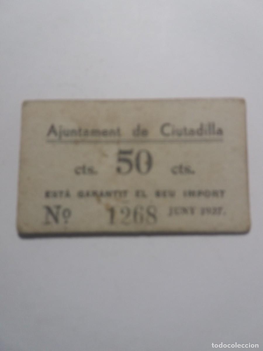 Billetes locales: Billete 50 C&eacute;ntims Ajuntament CIUTADILLA Juny 1937