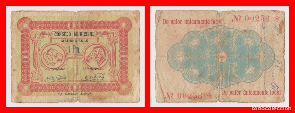 Billetes locales: Madrigueras (Albacete) - 1 peseta - Emision del 37 - Serie n&ordm;. 00.253 - RR