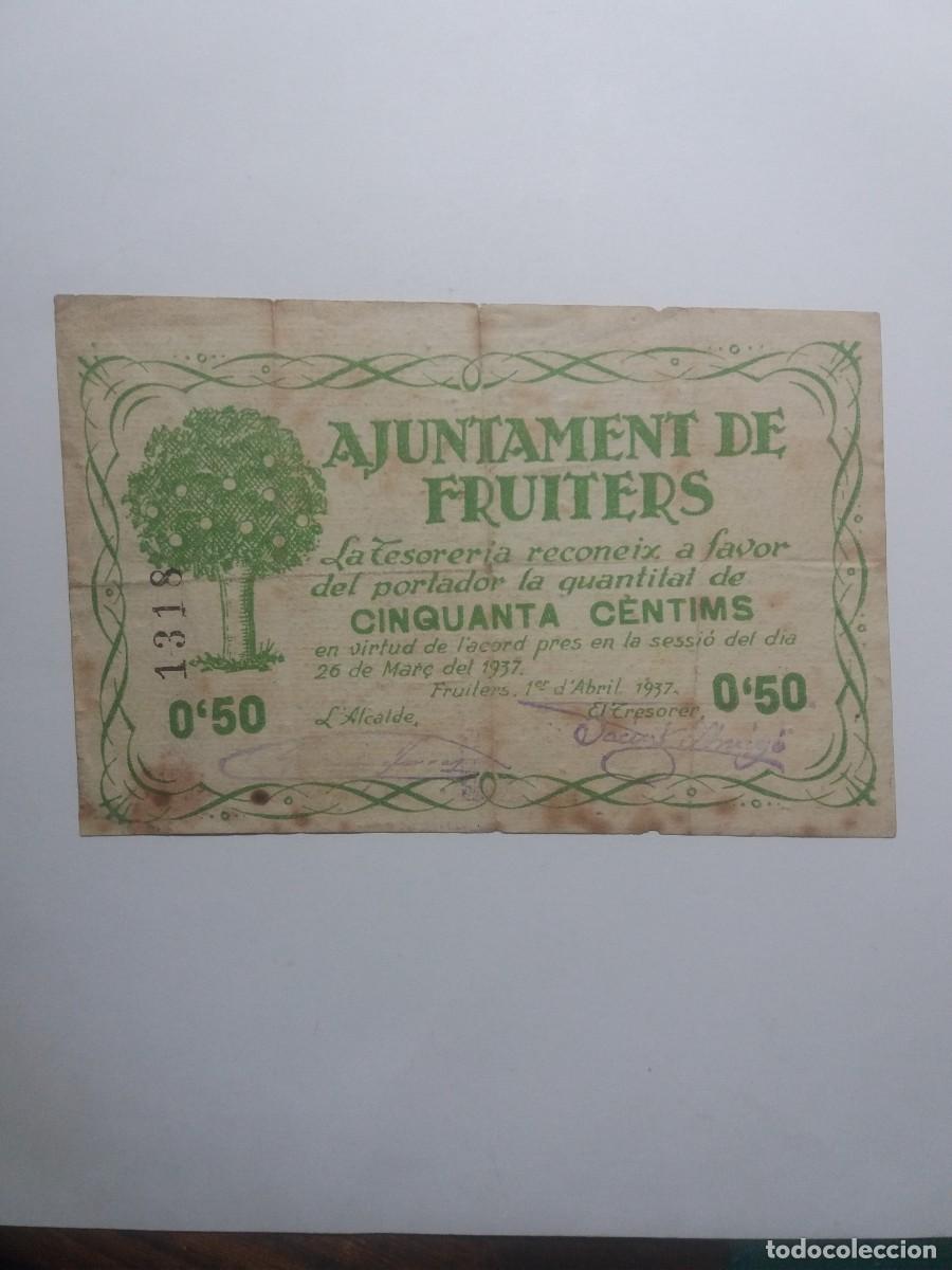 Billetes locales: Billete 50 C&egrave;ntims Ajuntament FRUITERS 26 Mar&ccedil; 1937