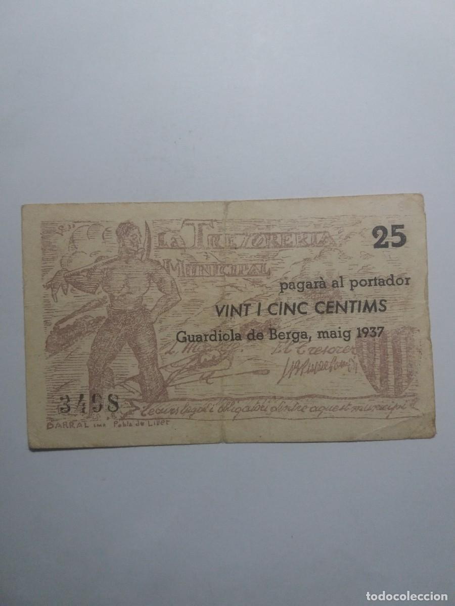 Billetes locales: Billete 25 C&egrave;ntims Tesorer&iacute;a Municipal GUARDIOLA DE BERGA Maig 1937