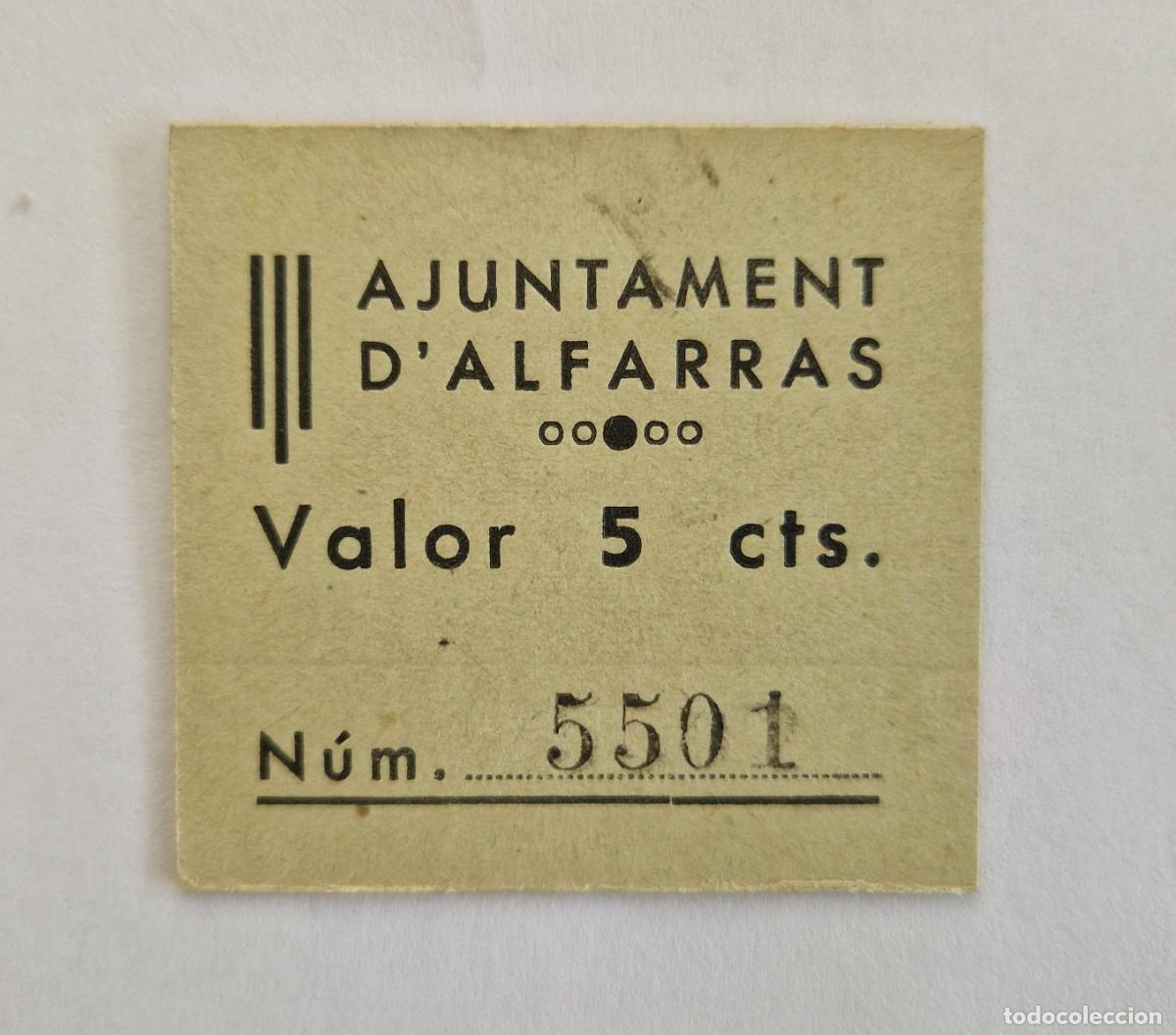 Billetes locales: Billete local ajuntament d' ALFARRAS 5 centimos T-103 AT-127 R