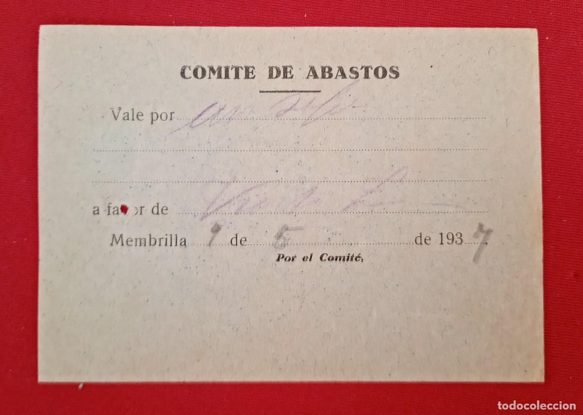 Billetes locales: MEMBRILLA. CIUDAD REAL. ABASTOS CNT. VALE, 1937