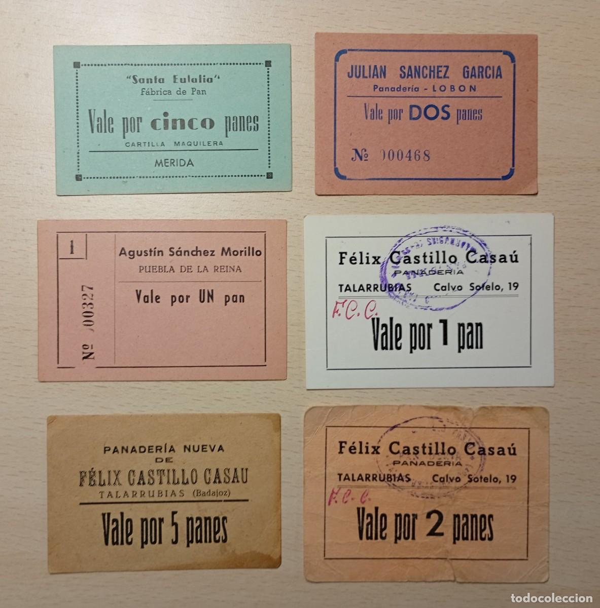 Billetes locales: BADAJOZ. LOTE DE 6 VALES DE PAN, DISTINTAS LOCALIDADES Y FECHAS.