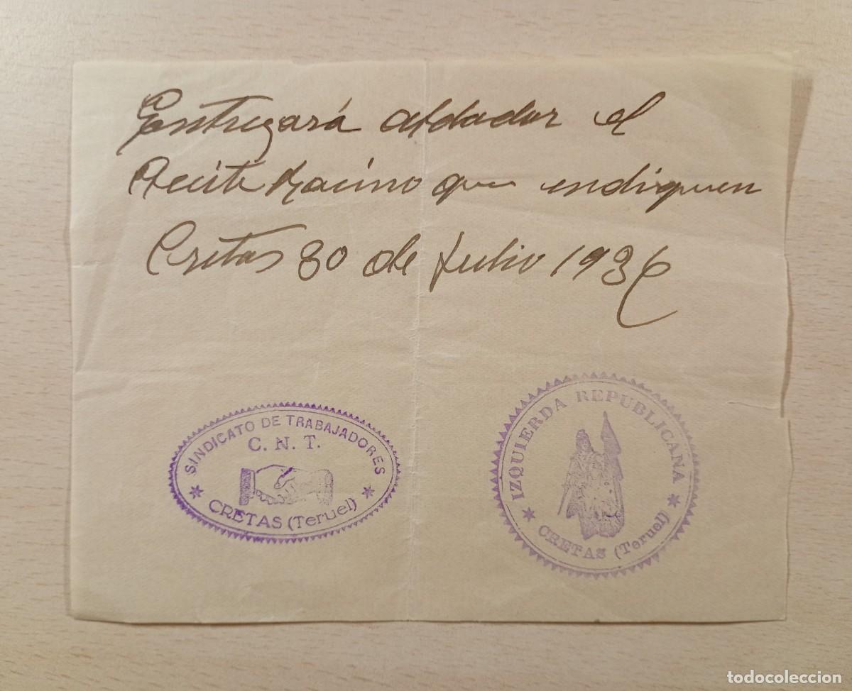 Billetes locales: CRETAS, TERUEL. VALE POR ACEITE DE RICINO. 1936, guerra civil.