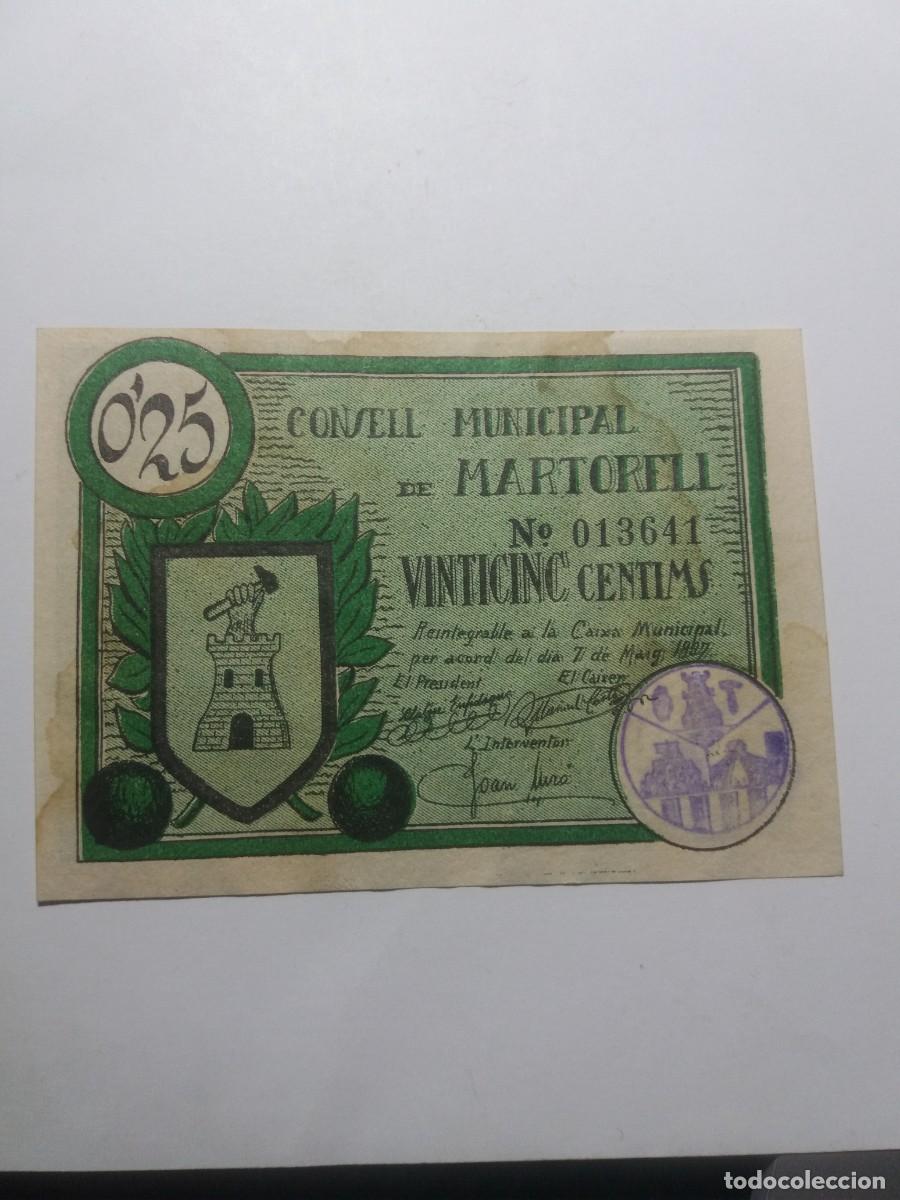 Billetes locales: Billete 25 C&egrave;ntims Consell Municipal MARTORELL 7 Maig 1937
