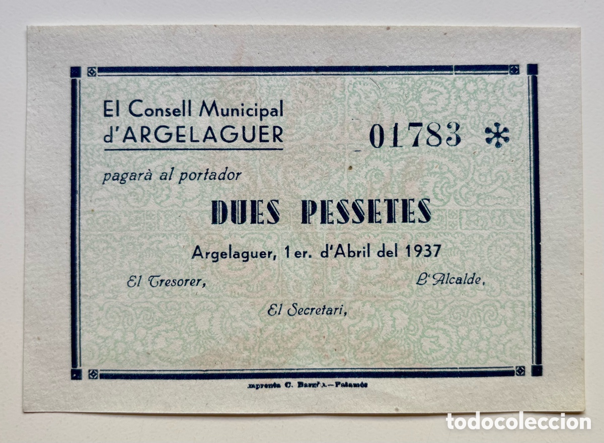 Billetes locales: Billete Local /Municipal ARGELAGUER 2 Pesetas 1937 SC-