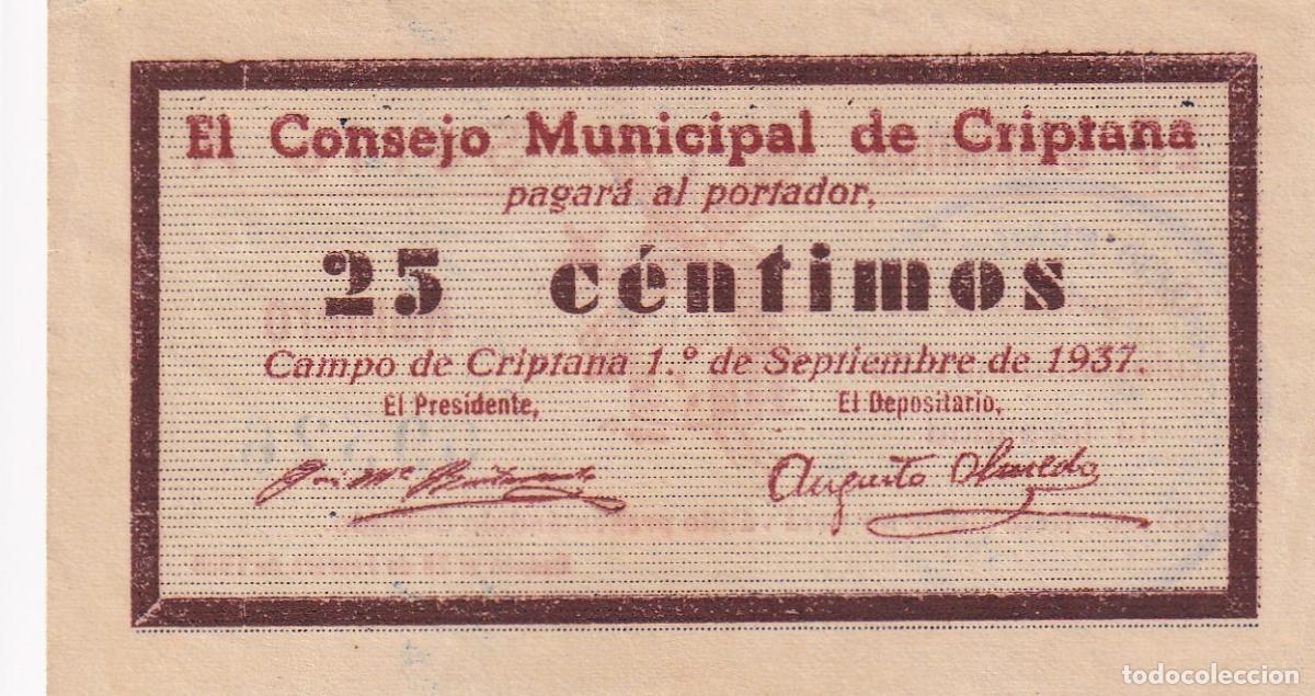 Billetes locales: CRBL0212 BILLETE LOCAL ESPA&Ntilde;A CRIPTANA (CIUDAD REAL) 25 CENTIMOS 1937 MBC