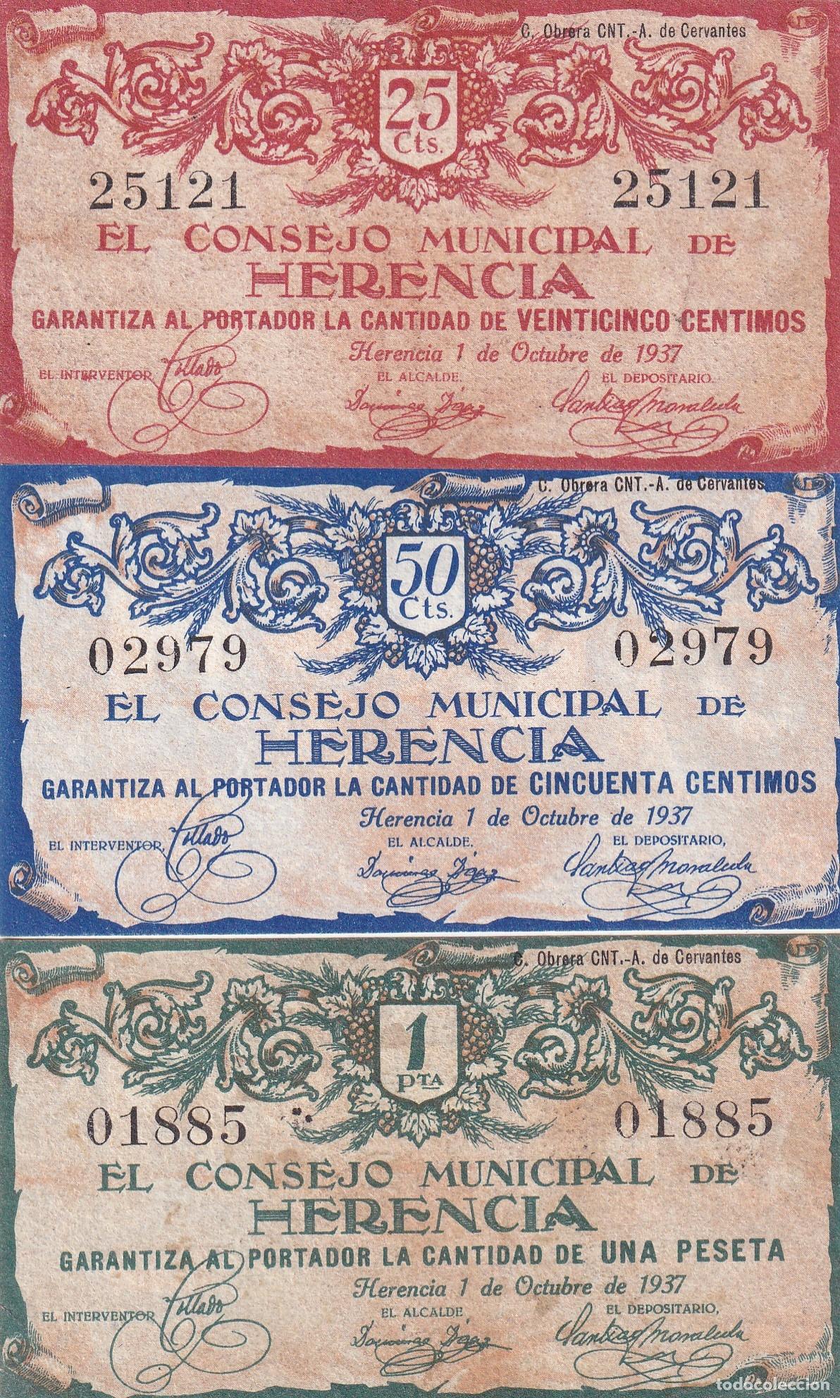 Billetes locales: CRBL0334 LOTE 3 BILLETES ESPA&Ntilde;A LOCAL 0,25, 0,50 Y 1 PESETA HERENCIA 1937 EBC-