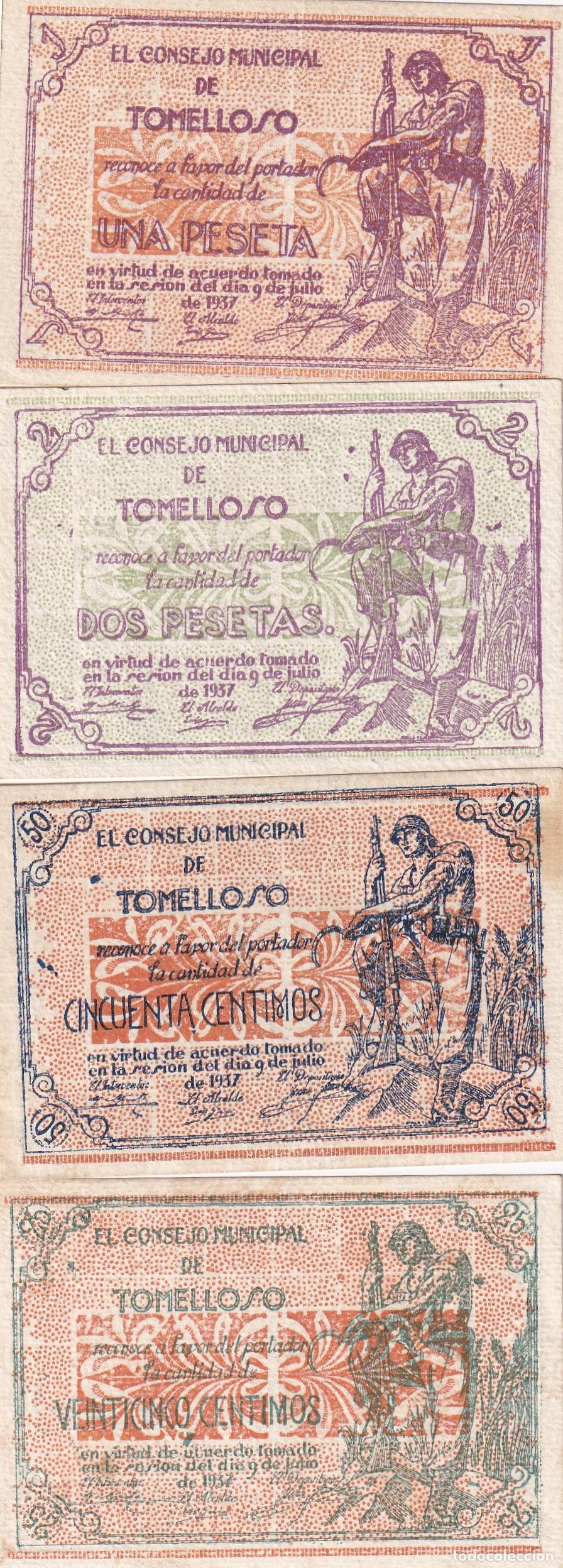 Billetes locales: CRBL0338 LOTE 4 BILLETES ESPA&Ntilde;A LOCAL 0,25, 0,50, 1 Y 2 PESETA TOMELLOSO 1937 EBC