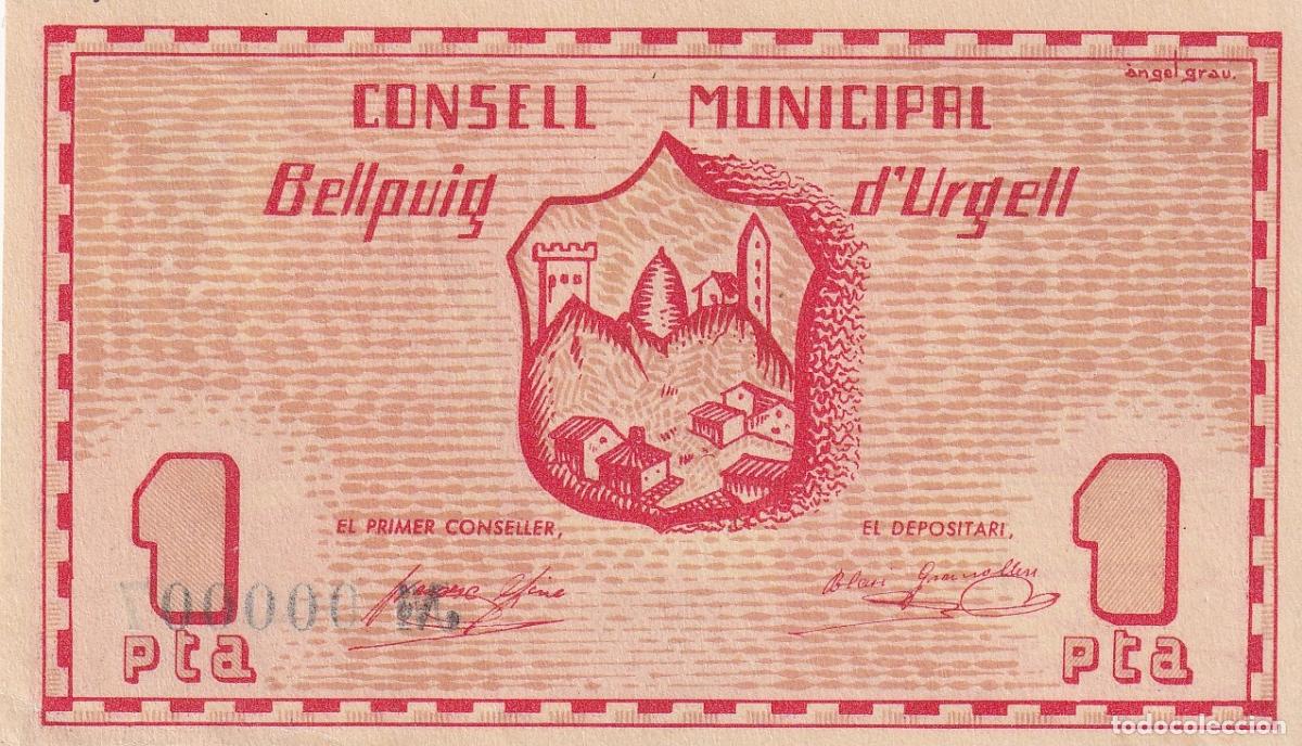 Billetes locales: CRBL0341 BILLETE LOCAL 1 PESETA BELLPUIG D&Ugrave;RGELL SIN CIRCULAR