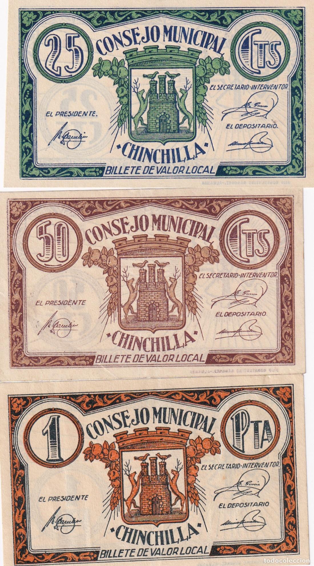 Billetes locales: CRBL0342 LOTE 3 BILLETES ESPA&Ntilde;A LOCAL 0,25, 0,50 Y 1 PESETA CHINCHILLA MBC