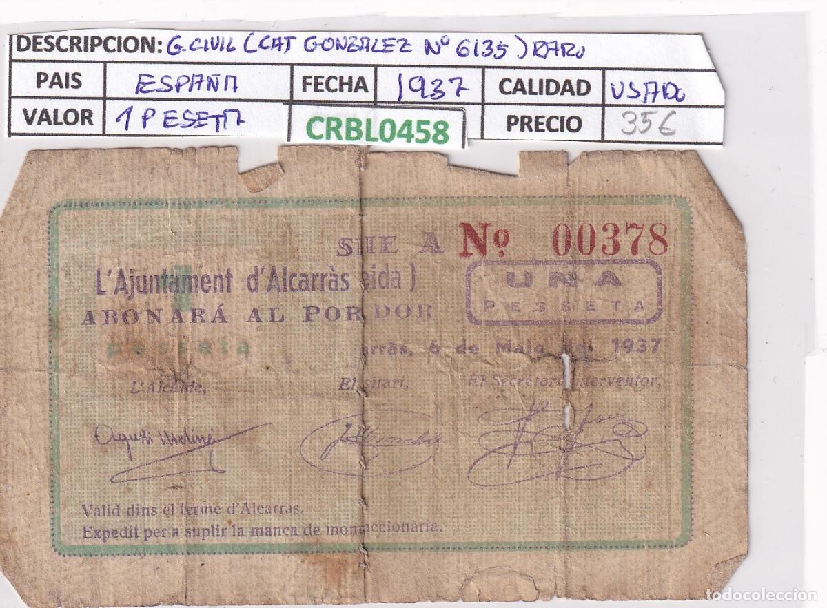 Billetes locales: CRBL0458 BILLETE ESPA&Ntilde;A LOCAL D'ALCARRAS 1 PESETA 1937 USADO