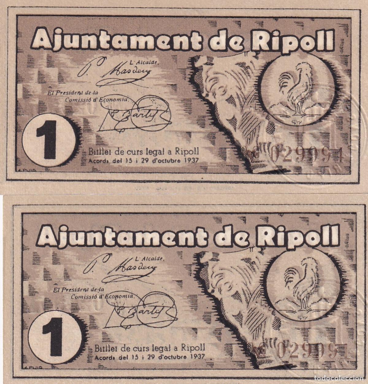 Billetes locales: CRBL0492 2 BILLETES LOCAL ESPA&Ntilde;A RIPOLL 1 PESETA 1937 MISMO NUMERO SIN CIRCULAR