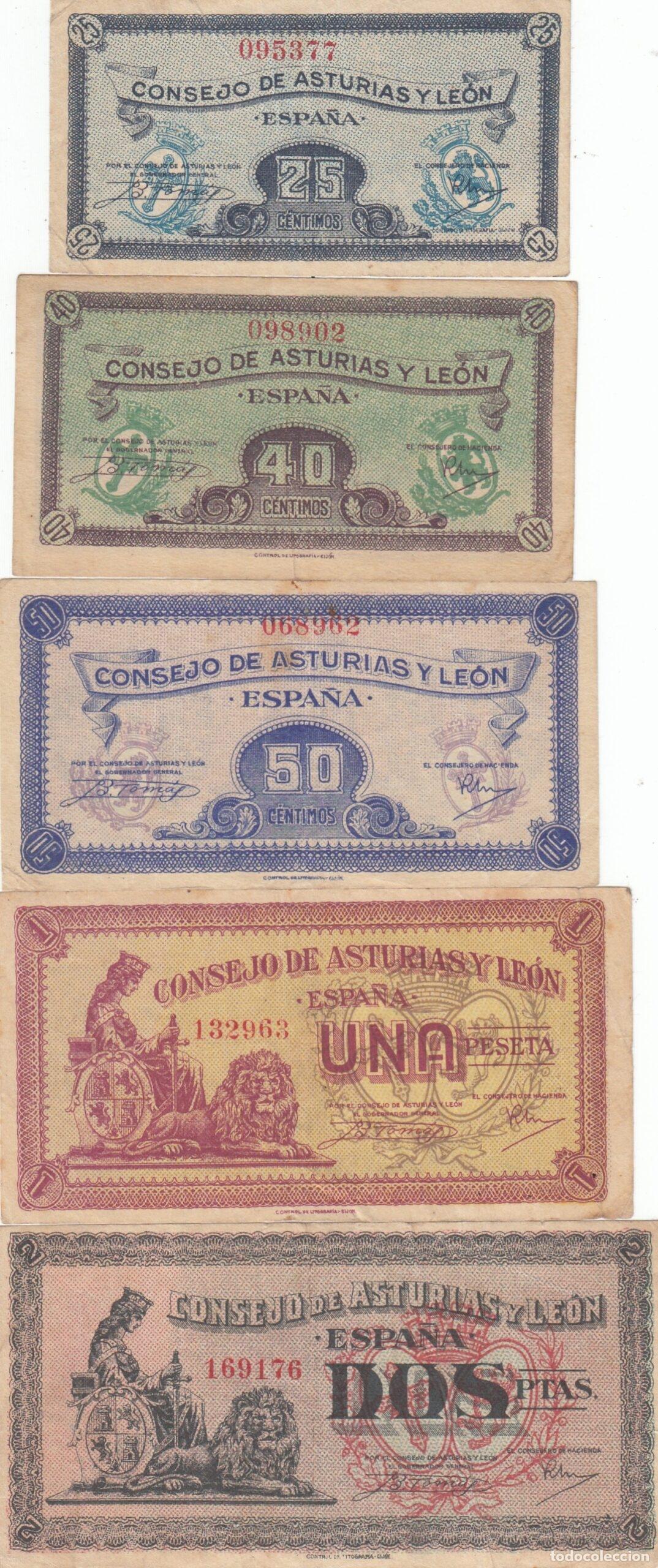 Billetes locales: CRBL0555 LOTE 5 BILLETES CONSEJO DE ASTURIAS Y LEON SERIE COMPLETA 1936 MBC