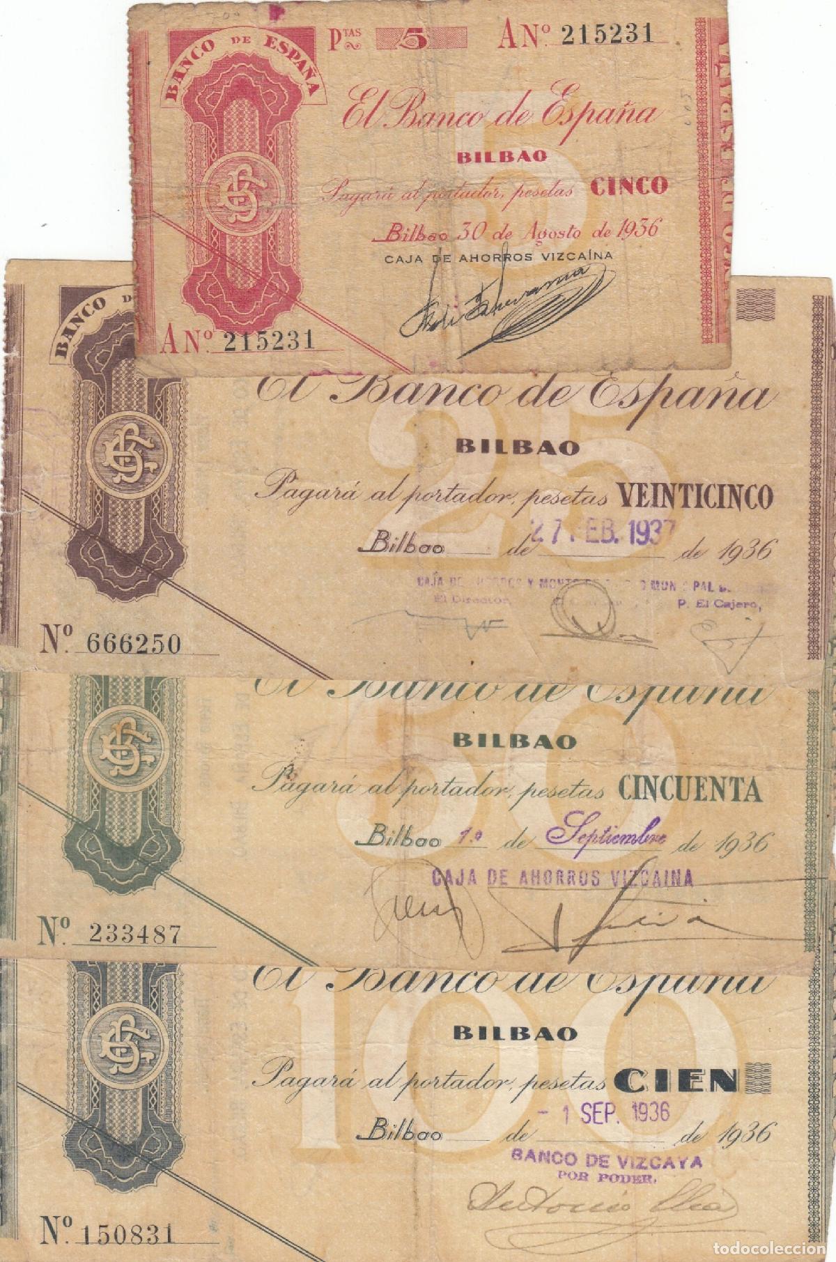 Billetes locales: CRBL0557 LOTE 4 BILLETES ESPA&Ntilde;A BILBAO 1936 DIFERENTES VALORES BC