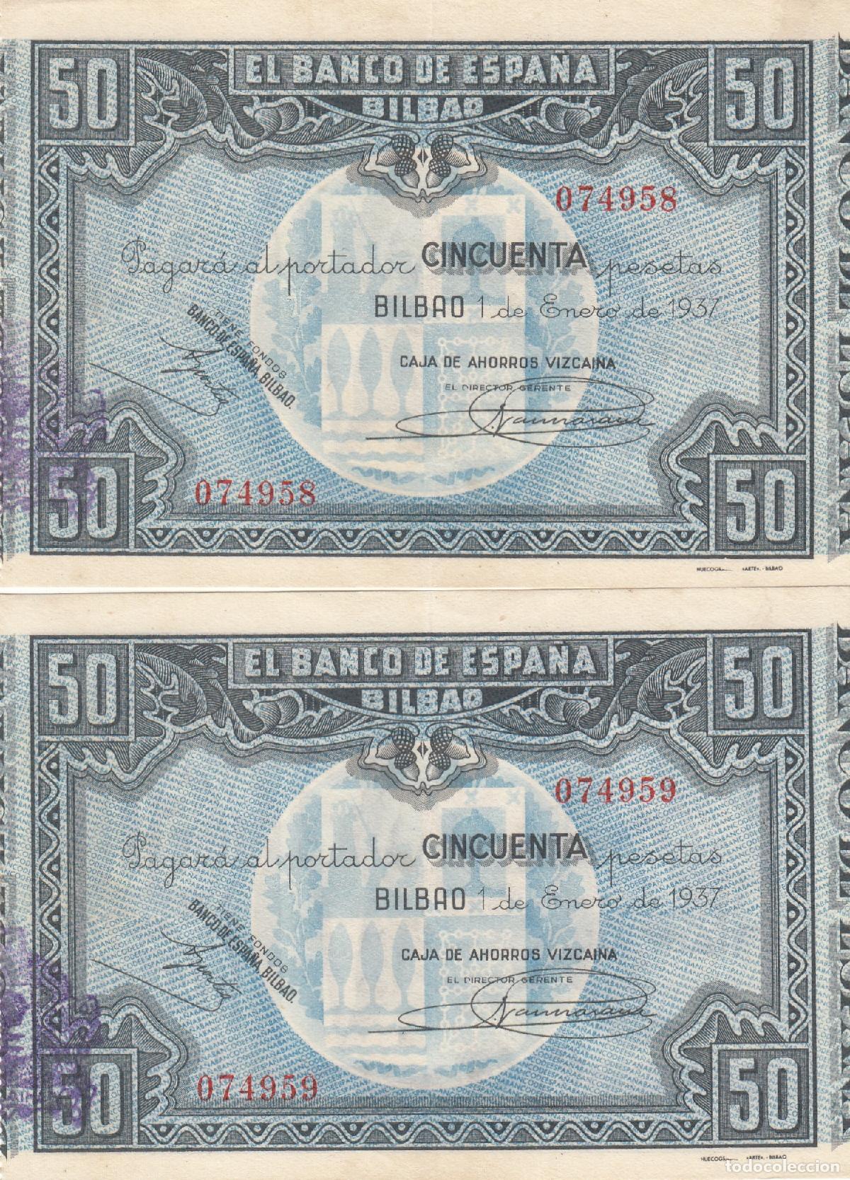 Billetes locales: CRBL0560 PAREJA CORRELATIVA BILLETES ESPA&Ntilde;A BILBAO 50 PESETAS 1937 RESELLO EBC+