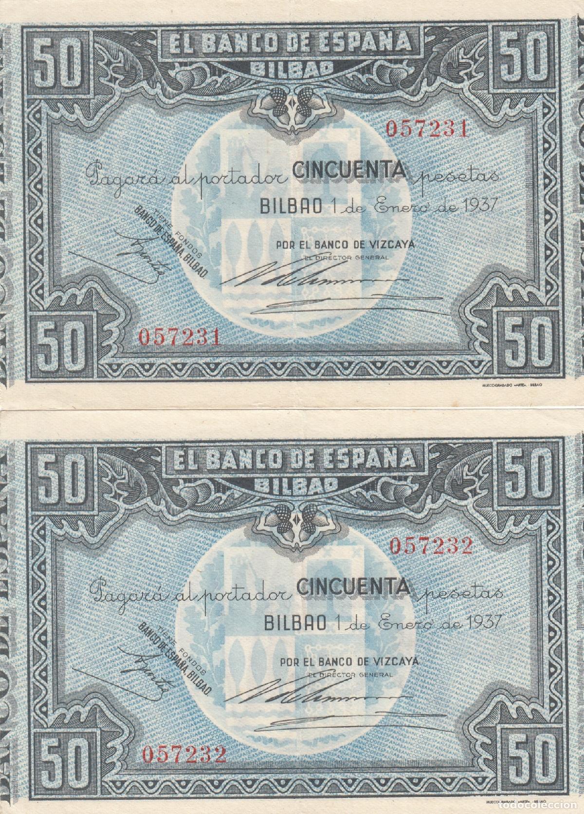 Billetes locales: CRBL0561 PAREJA CORRELATIVA BILLETES ESPA&Ntilde;A BILBAO 50 PESETAS 1937 EBC+