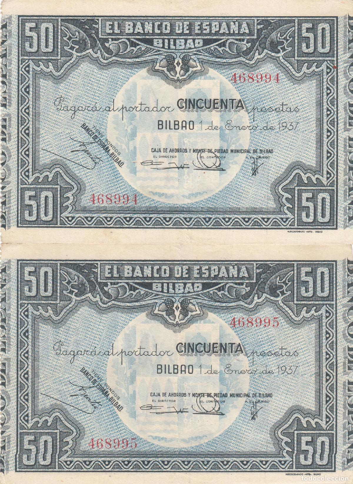 Billetes locales: CRBL0562 PAREJA CORRELATIVA BILLETES ESPA&Ntilde;A BILBAO 50 PESETAS 1937 EBC+