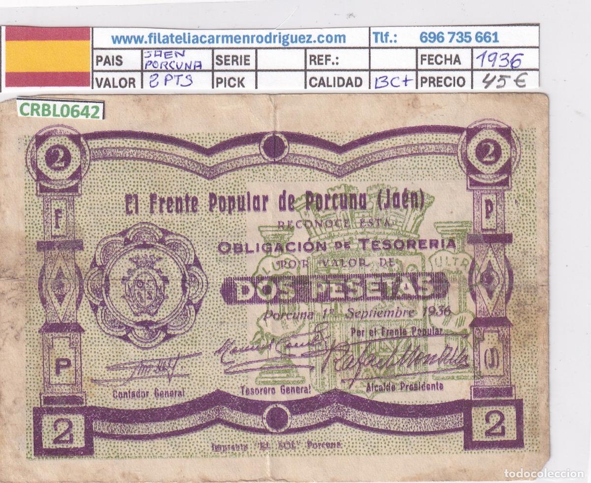 Billetes locales: CRBL0642 BILLETE ESPA&Ntilde;A LOCAL PORCUNA (JAEN) 2 PESETAS 1936 BC+