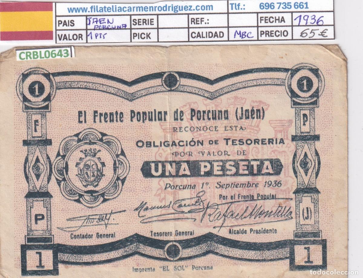 Billetes locales: CRBL0643 BILLETE ESPA&Ntilde;A LOCAL PORCUNA (JAEN) 1 PESETAS 1936 BC+