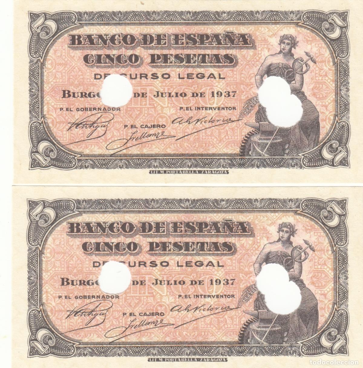 Billetes locales: CRBP0002 PAREJA CORRELATIVA BILLETES 5 PESETAS 1937 TROQUELADOS SIN CIRCULAR
