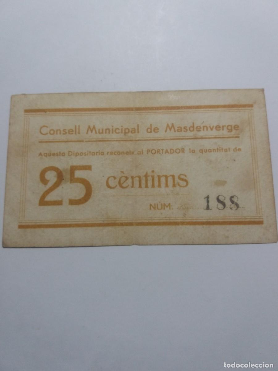 Billetes locales: Billete 25 C&egrave;ntims Consell Municipal MASDENVERGE