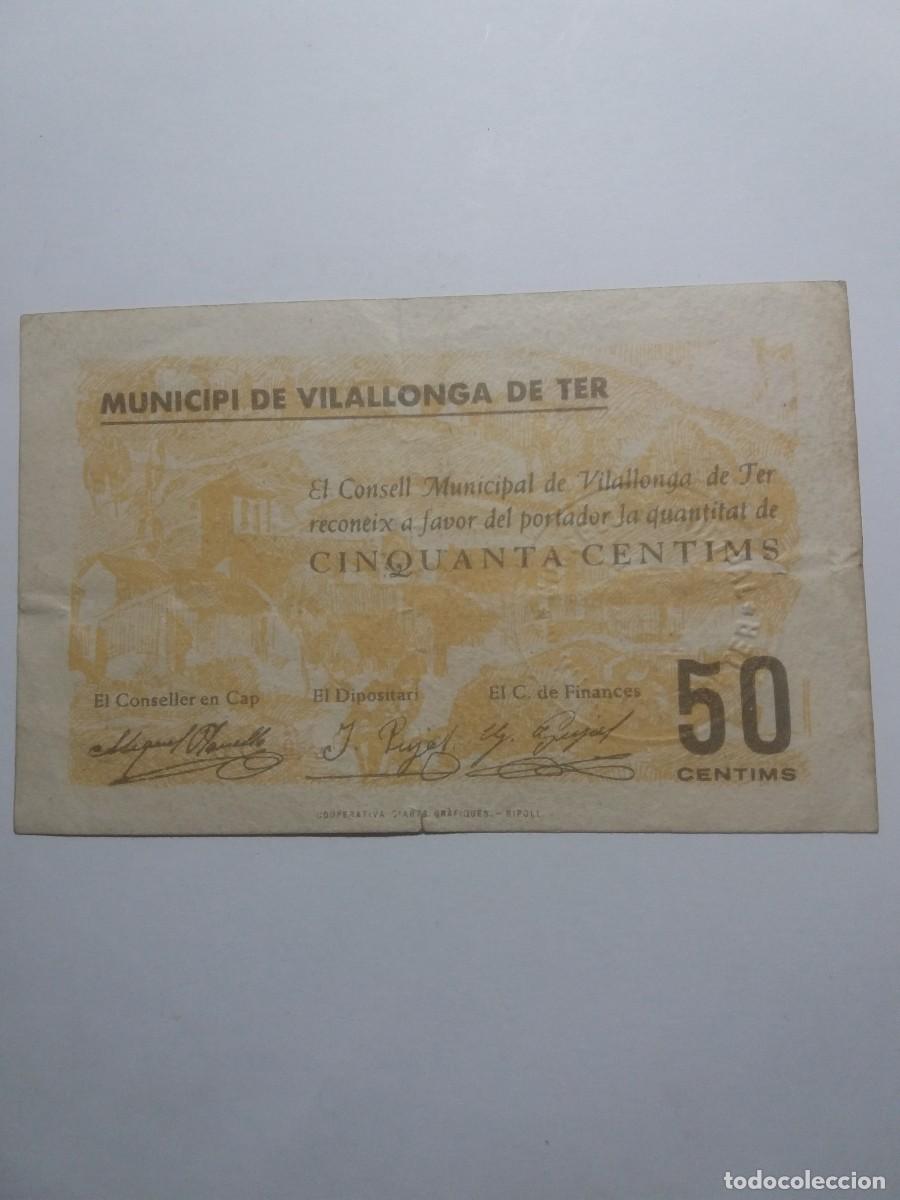 Billetes locales: Billete 50 C&egrave;ntims Municipi VILALLONGA DE TER 1 Juny 1937
