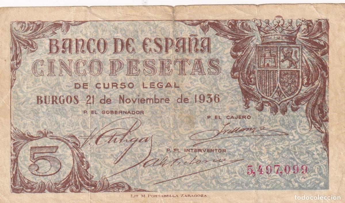 Billetes locales: CRBS1821 BILLETE ESPA&Ntilde;A 5 PESETAS 1936 SIN SERIE MBC RARO