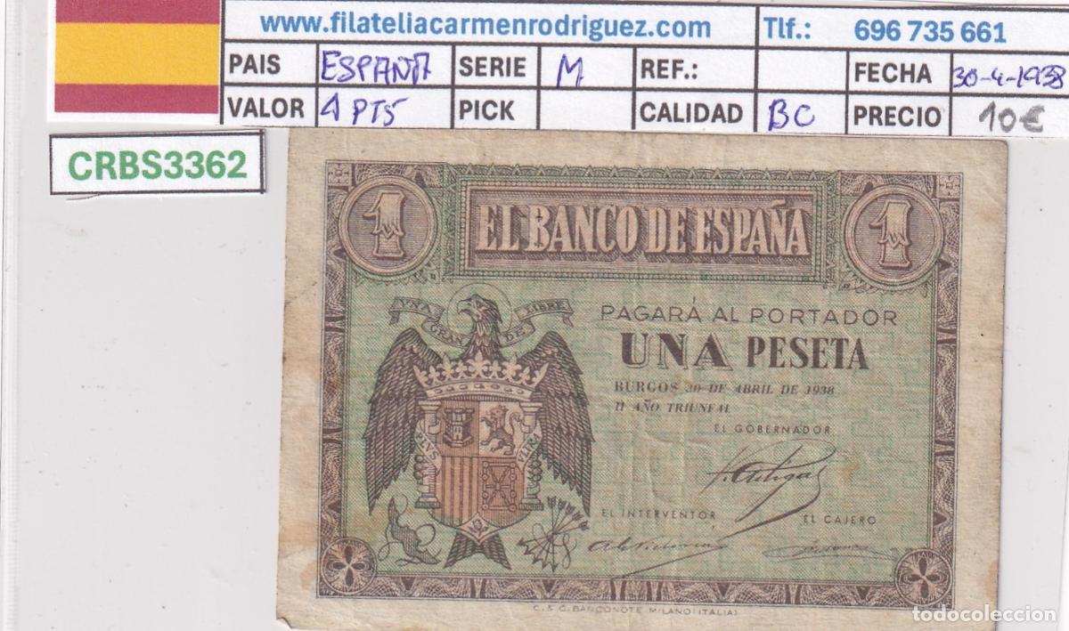 Billetes locales: CRBS3362 BILLETE ESPA&Ntilde;A 1 PESETA 1938 SERIE M BC