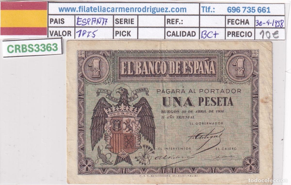 Billetes locales: CRBS3363 BILLETE ESPA&Ntilde;A 1 PESETA 1938 SERIE D BC+
