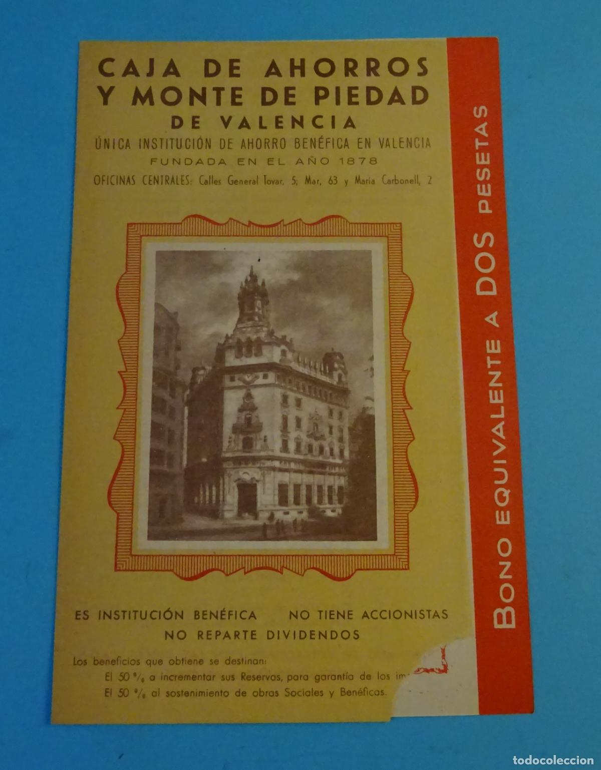 Billetes locales: BONO EQUIVALENTE A DOS PESETAS. CAJA DE AHORROS Y MONTE DE PIEDAD DE VALENCIA. 1946