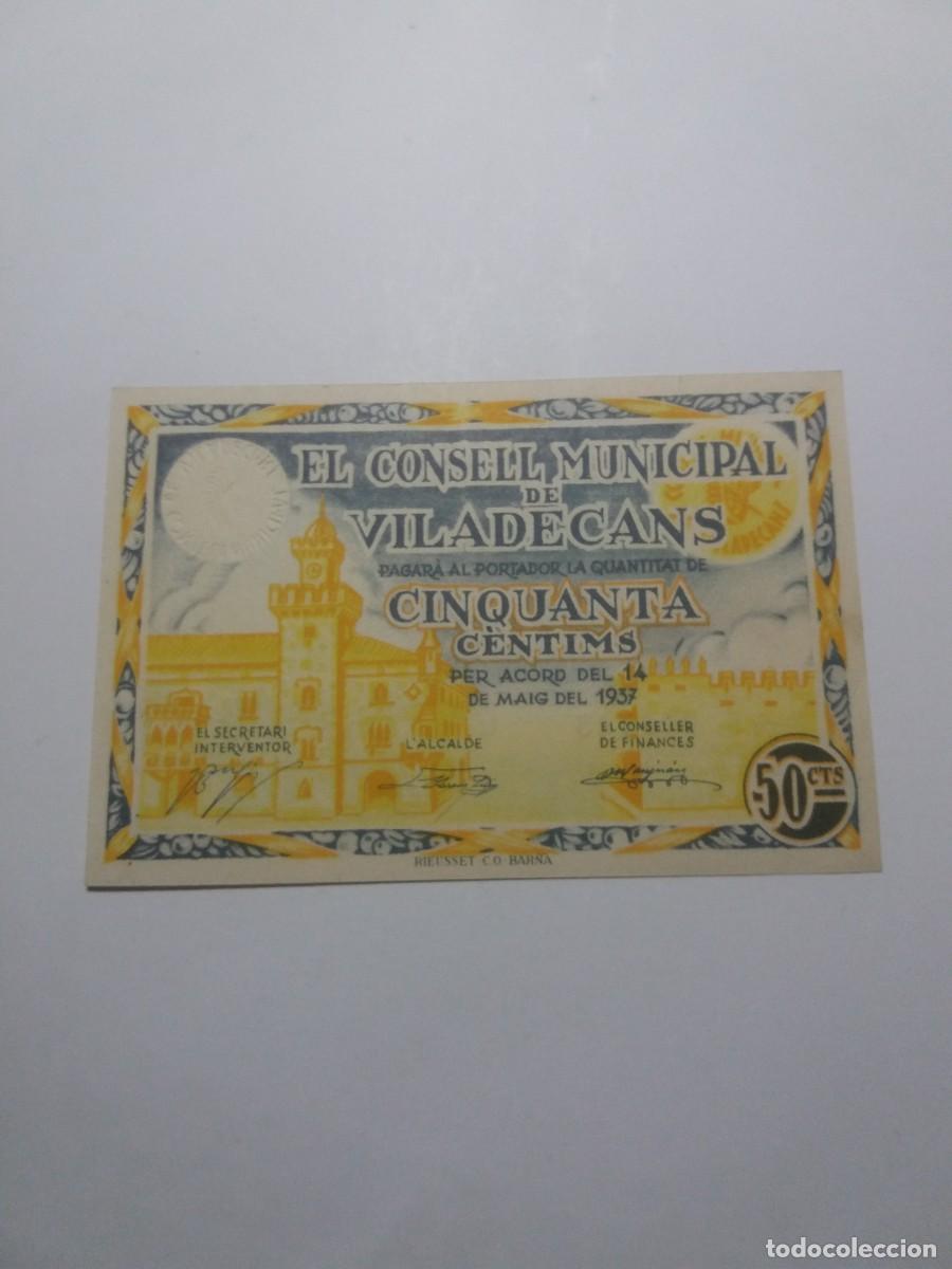 Billetes locales: Billete 50 C&egrave;ntims Consell Municipal VILADECANS 14 Maig 1937
