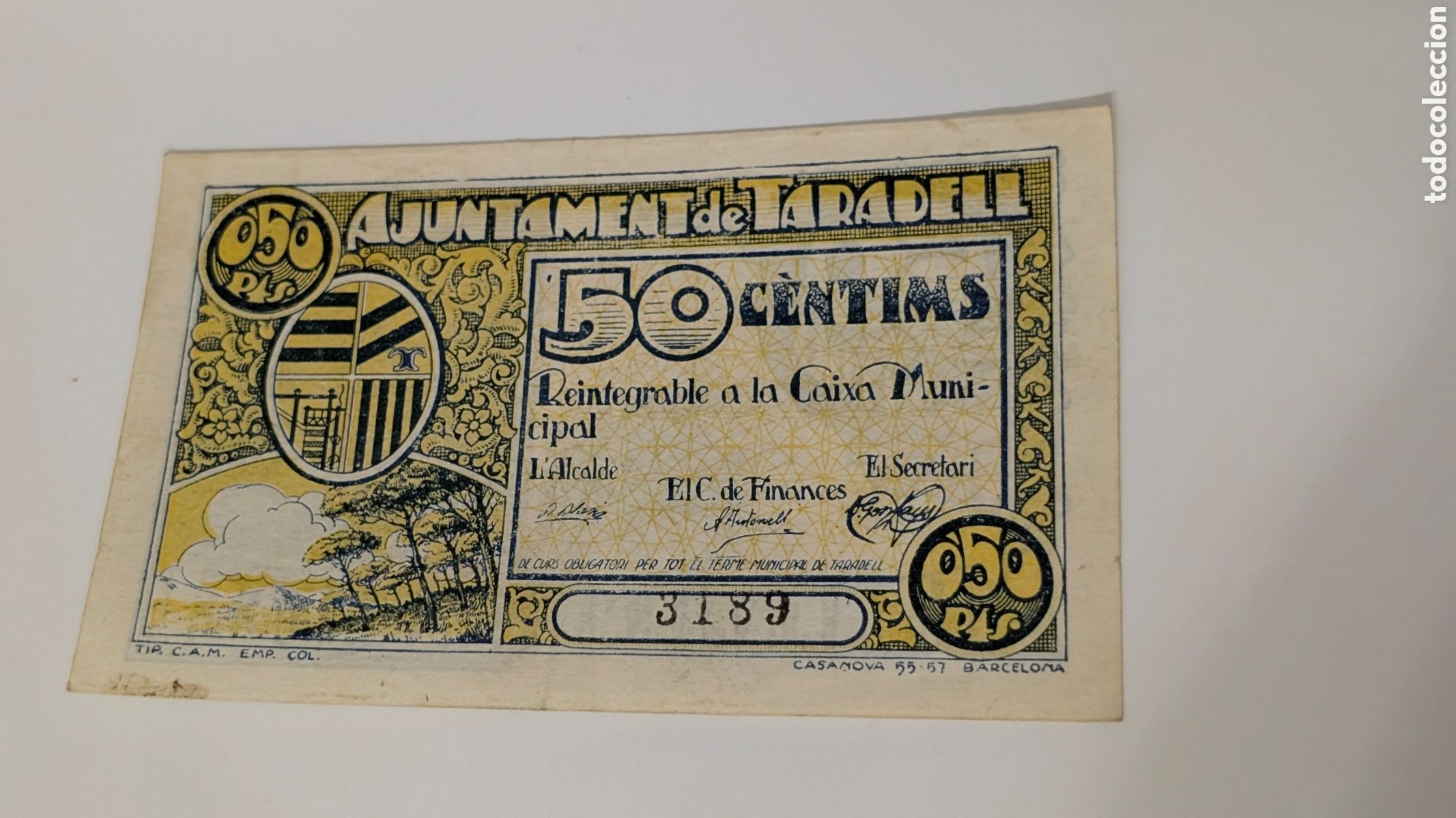 Billetes locales: BILLETE ANTIGUO AJUNTAMENT DE TARADELL 50 CENTIMS PESETAS MBC