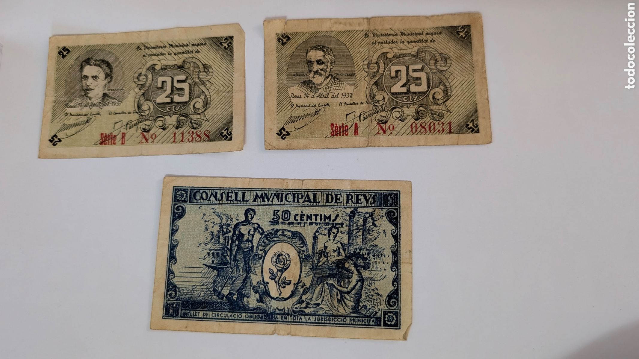 Billetes locales: LOTE 3 BILLETES ANTIGUOS CONSELL MUNICIPAL DE REUS REVS 50 CENTIMS I 25 CENTIMS PESETAS