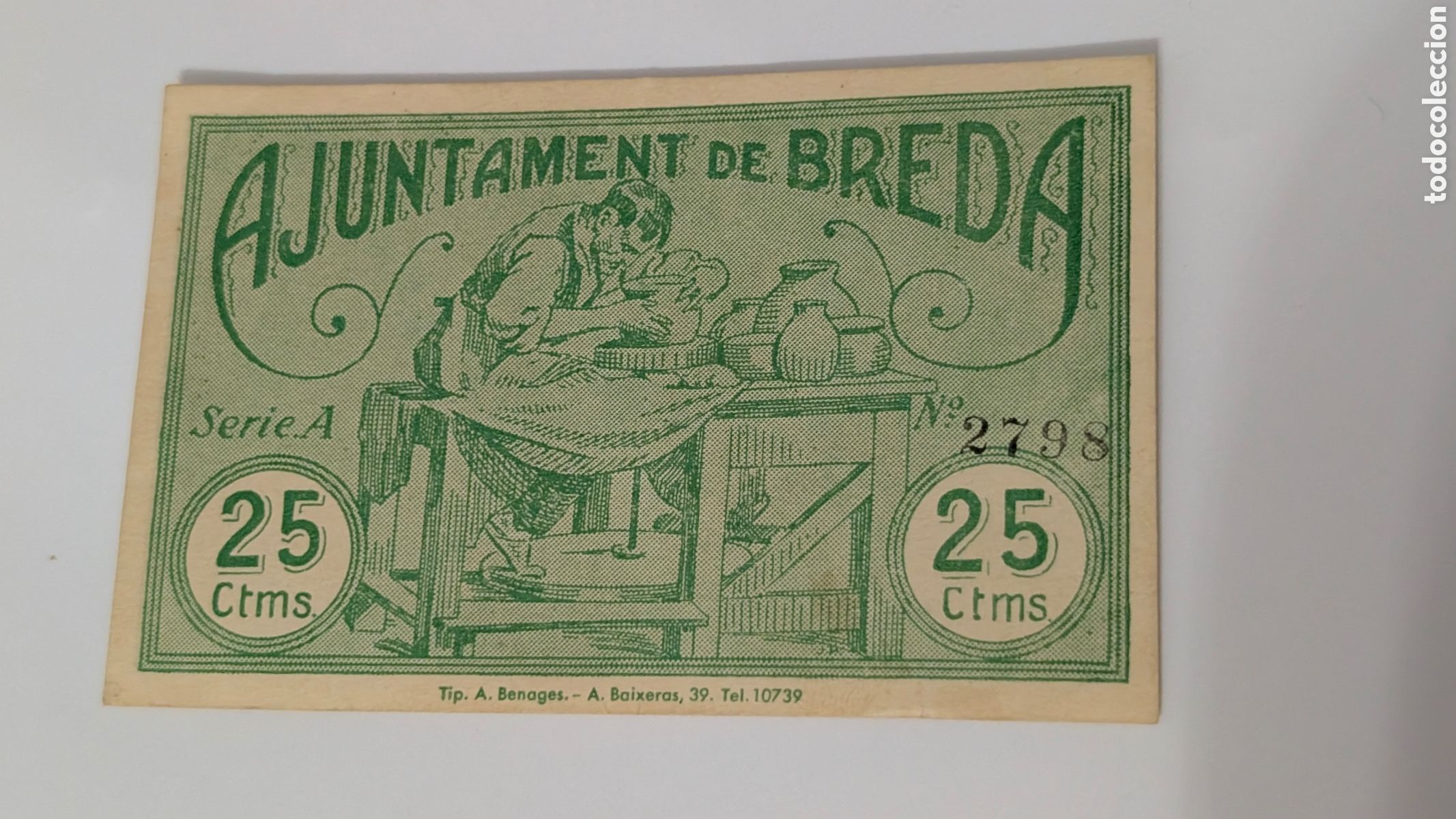 Billetes locales: BILLETE ANTIGUO AJUNTAMENT DE BREDA 25 CENTIMS PESETAS MBC