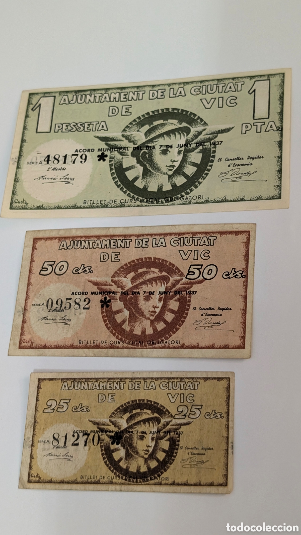 Billetes locales: LOTE SERIE 3 BILLETES 25 - 50 CENTIMOS 1 PESETA AJUNTAMENT DE LA CIUTAT DE VIC 1937 PESSETA MBE